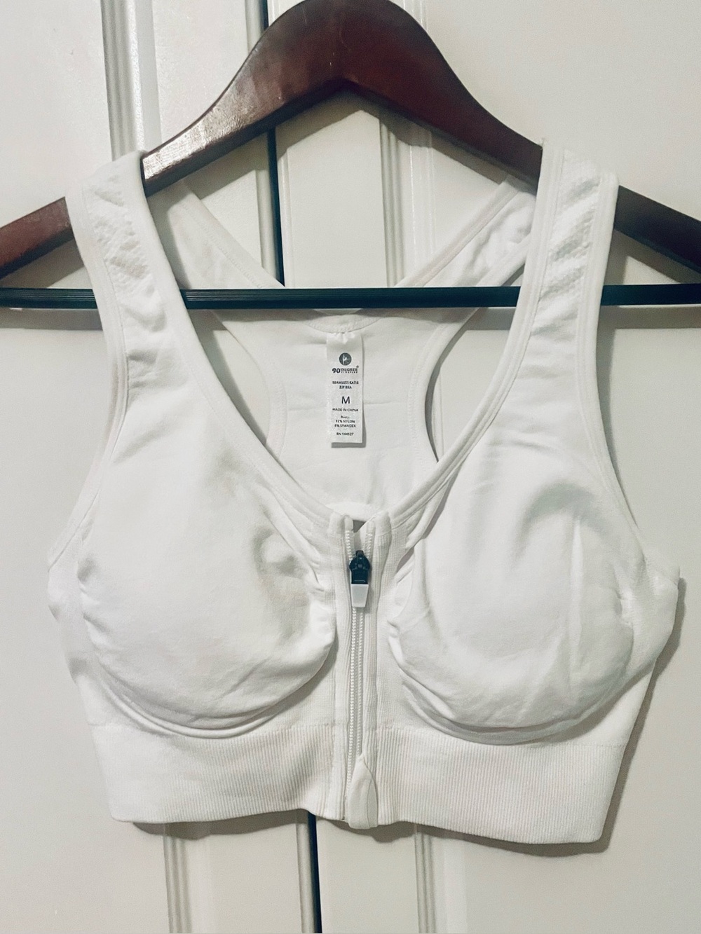 90 Degree By Reflex White Front-Zip Support Sports Bra